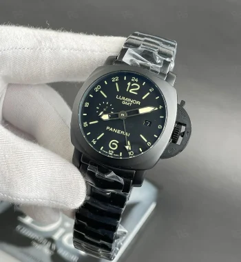 Panerai Luminor siyah kasa otomatik saat, GMT fonksiyonlu erkek model