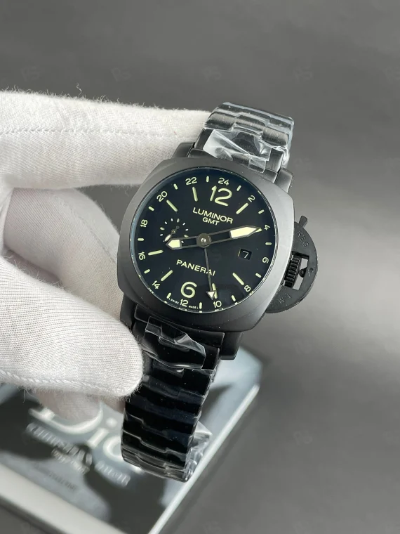 Panerai Luminor siyah kasa otomatik saat, GMT fonksiyonlu erkek model