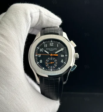 Patek Philippe Aquanaut 5968A-001 tarzı otomatik chronograph saat, siyah kadranlı ve kauçuk kayışlı erkek model