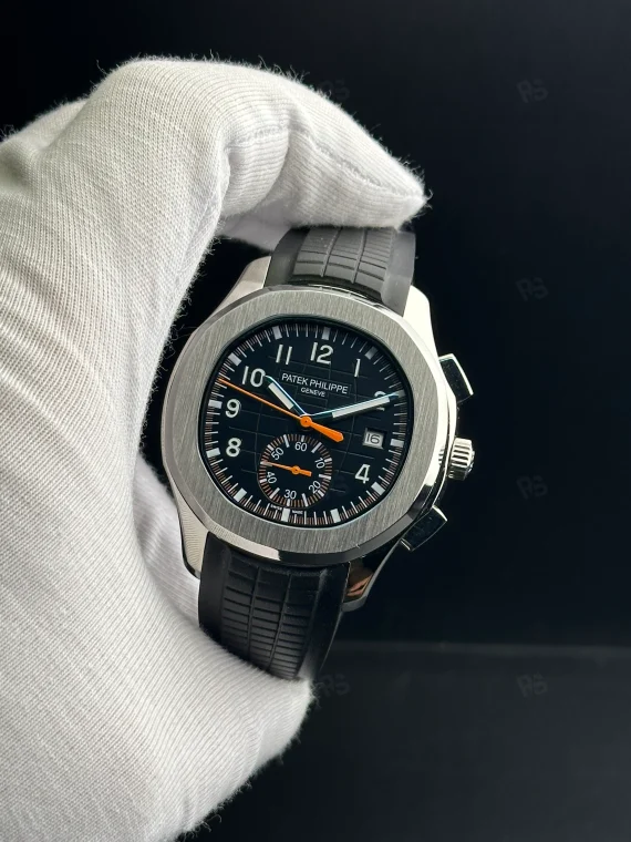 Patek Philippe Aquanaut 5968A-001 tarzı otomatik chronograph saat, siyah kadranlı ve kauçuk kayışlı erkek model