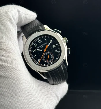 Patek Philippe Aquanaut 5968A-001 tarzı otomatik chronograph saat, siyah kadranlı ve kauçuk kayışlı erkek model