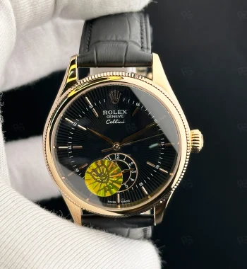 Rolex Cellini siyah kadranlı, rose gold kasa, otomatik mekanizmalı deri kayışlı erkek saat