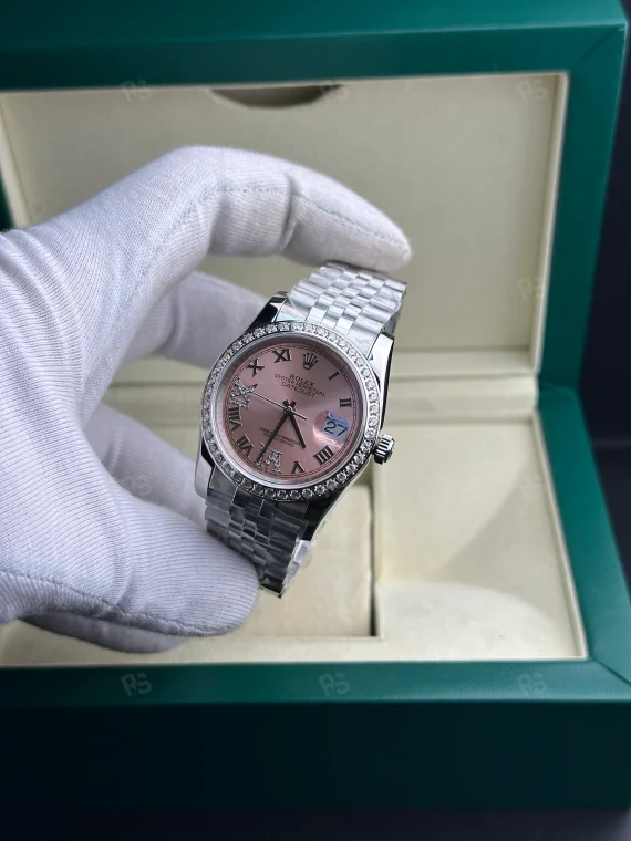 Rolex Datejust 36mm kadın saat, pembe kadranlı taşlı bezel ve Jubilee bilezikli otomatik model