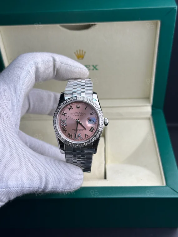 Rolex Datejust 36mm kadın saat, pembe kadranlı taşlı bezel ve Jubilee bilezikli otomatik model