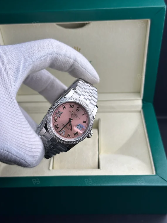 Rolex Datejust 36mm kadın saat, pembe kadranlı taşlı bezel ve Jubilee bilezikli otomatik model