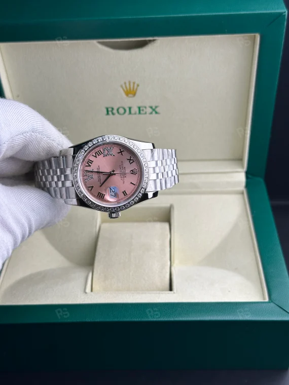 Rolex Datejust 36mm kadın saat, pembe kadranlı taşlı bezel ve Jubilee bilezikli otomatik model