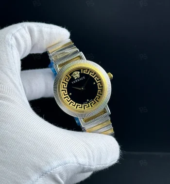 Versace Medusa Icon tarzı kadın saat, siyah kadranlı, gold çerçeveli ve çelik bilezikli pilli model