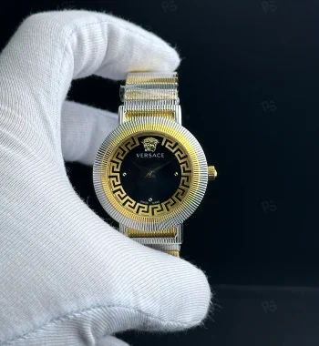 Versace Medusa Icon tarzı kadın saat, siyah kadranlı, gold çerçeveli ve çelik bilezikli pilli model