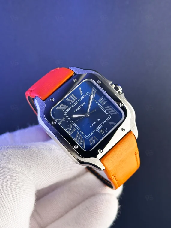 Cartier Santos XL mavi kadran turuncu deri kayışlı otomatik saat replika