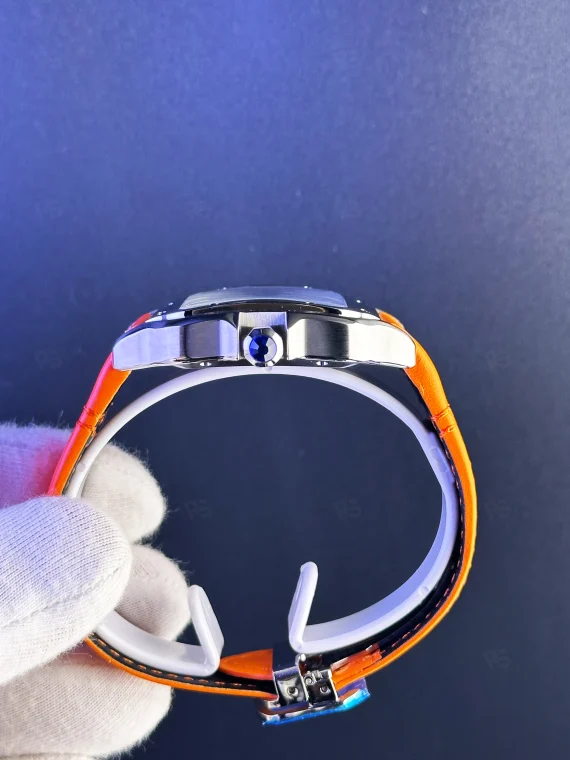Cartier Santos XL mavi kadran turuncu deri kayışlı otomatik saat replika