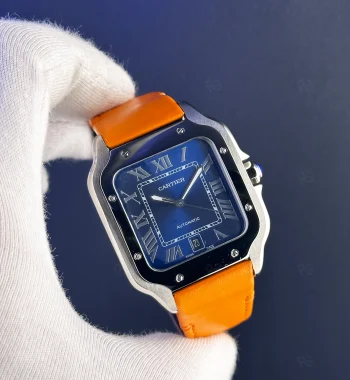 Cartier Santos XL mavi kadran turuncu deri kayışlı otomatik saat replika