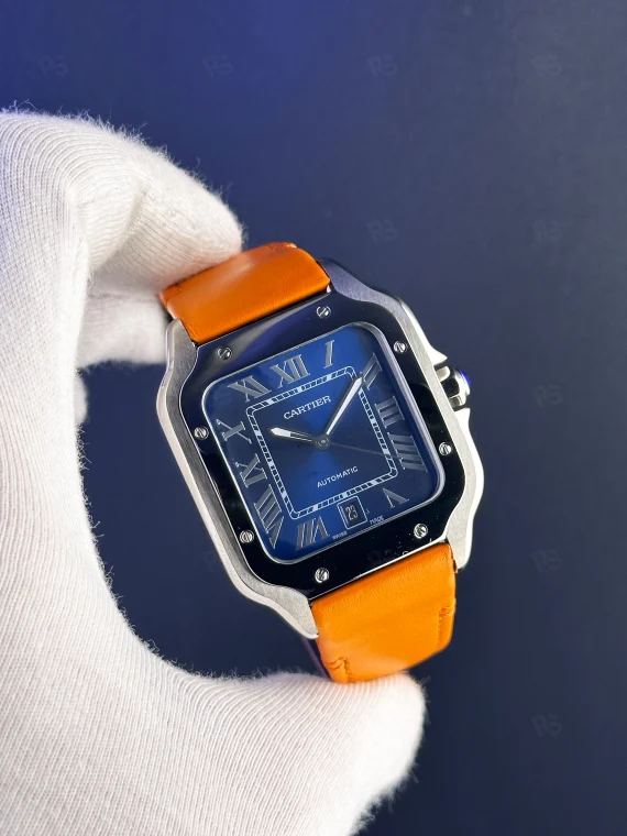 Cartier Santos XL mavi kadran turuncu deri kayışlı otomatik saat replika