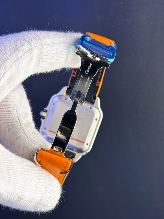 Cartier Santos XL mavi kadran turuncu deri kayışlı otomatik saat replika