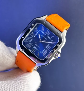 Cartier Santos XL mavi kadran turuncu deri kayışlı otomatik saat replika