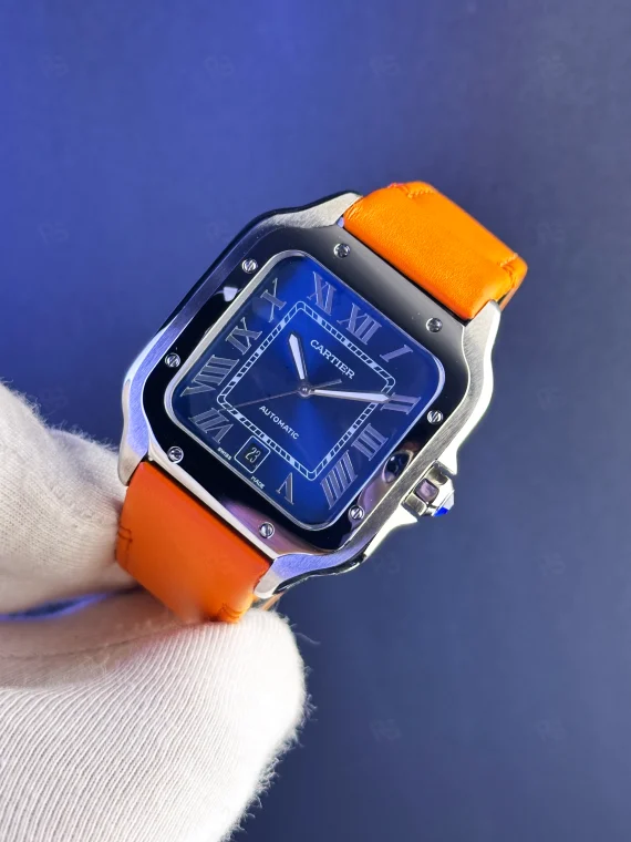 Cartier Santos XL mavi kadran turuncu deri kayışlı otomatik saat replika