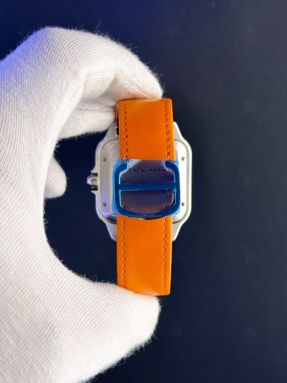 Cartier Santos XL mavi kadran turuncu deri kayışlı otomatik saat replika