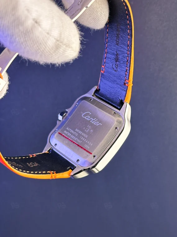 Cartier Santos XL mavi kadran turuncu deri kayışlı otomatik saat replika