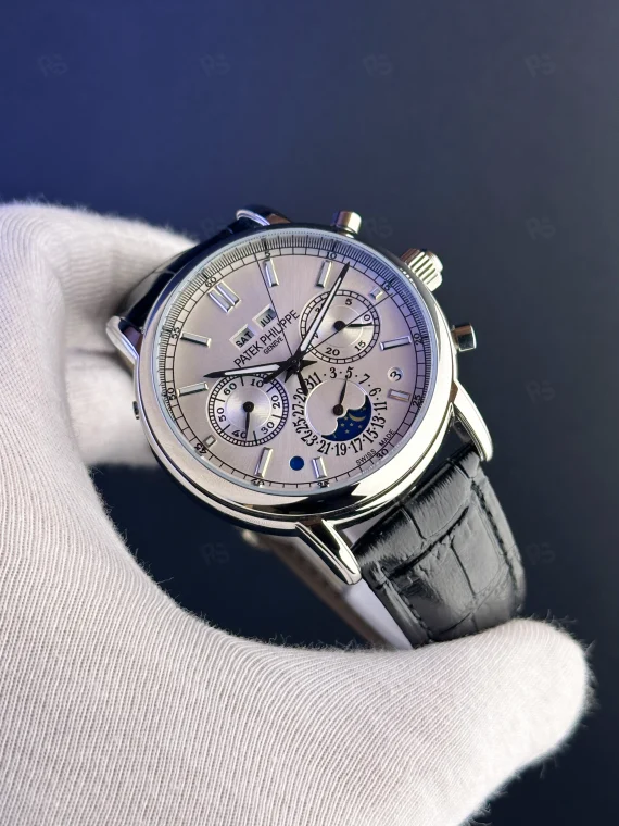 Patek Philippe Grand Complication Stil – Gri Kadran Deri Kayışlı Ay Evresi & Kronograf