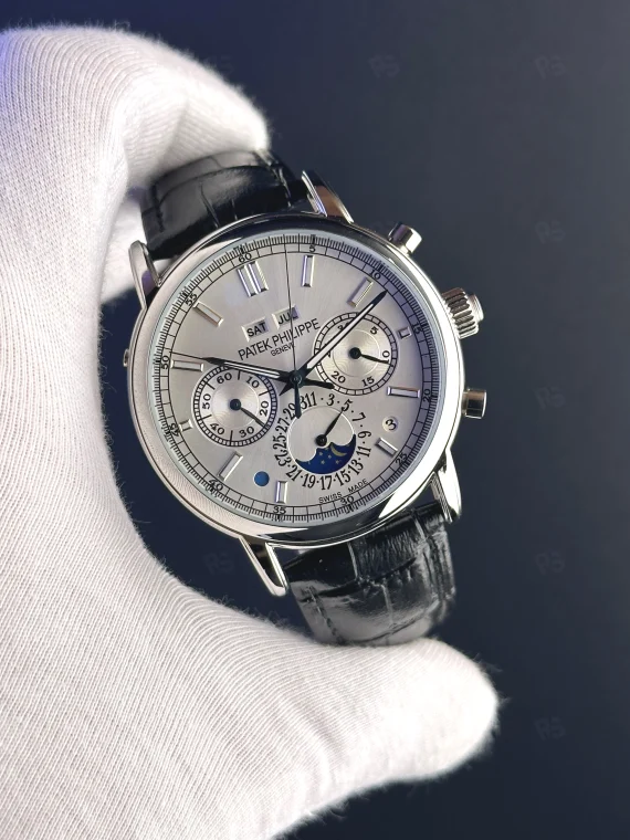 Patek Philippe Grand Complication Stil – Gri Kadran Deri Kayışlı Ay Evresi & Kronograf
