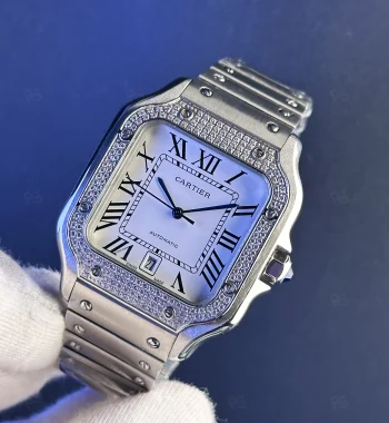 Cartier Santos Taşlı Beyaz Kadran Replika Saat | Otomatik Mekanizma