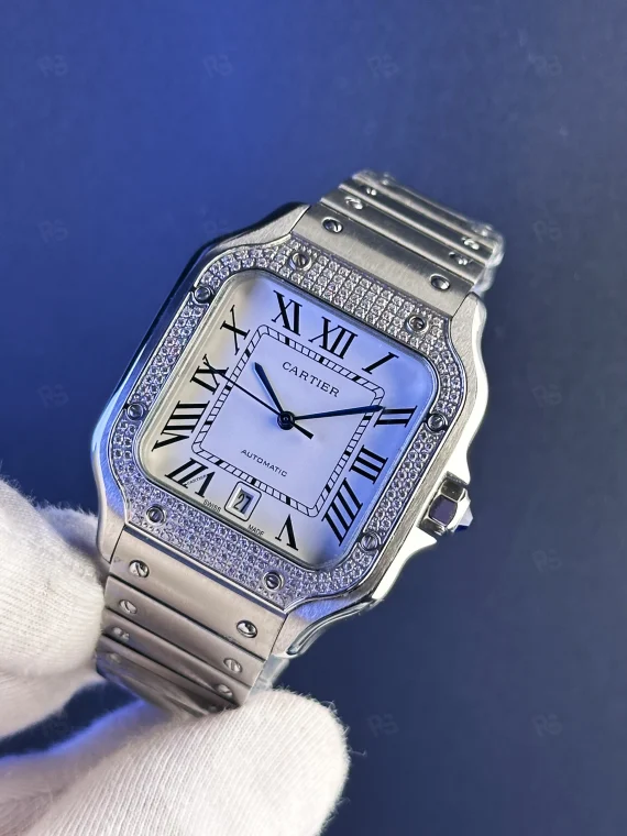 Cartier Santos Taşlı Beyaz Kadran Replika Saat | Otomatik Mekanizma