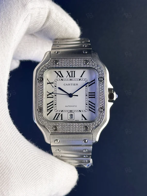 Cartier Santos Taşlı Beyaz Kadran Replika Saat | Otomatik Mekanizma