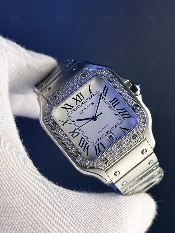 Cartier Santos Taşlı Beyaz Kadran Replika Saat | Otomatik Mekanizma