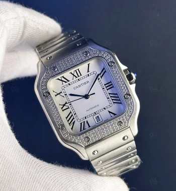 Cartier Santos Taşlı Beyaz Kadran Replika Saat | Otomatik Mekanizma
