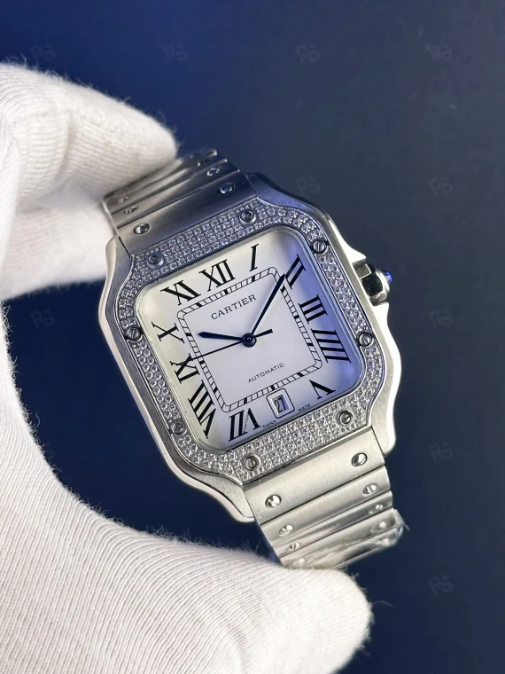 Cartier Santos Taşlı Beyaz Kadran Replika Saat | Otomatik Mekanizma