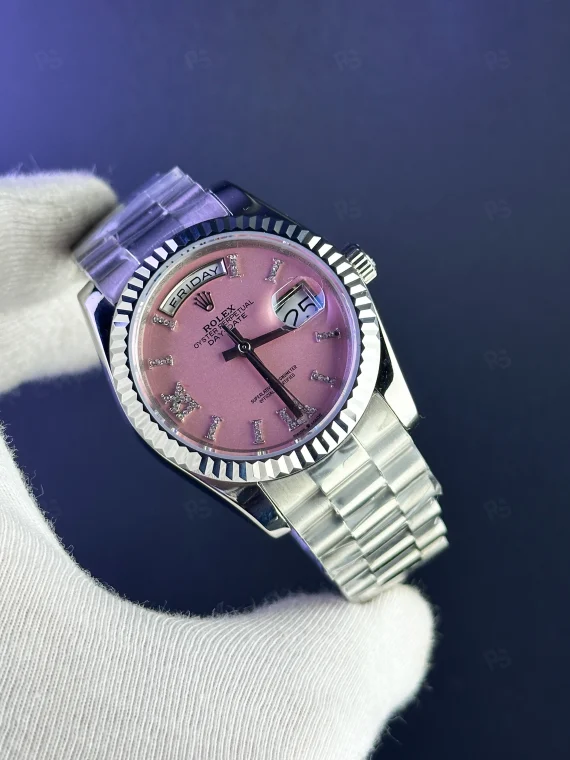 Rolex Day‑Date 36mm pembe kadran kadın otomatik saat replika