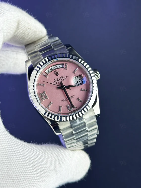 Rolex Day‑Date 36mm pembe kadran kadın otomatik saat replika