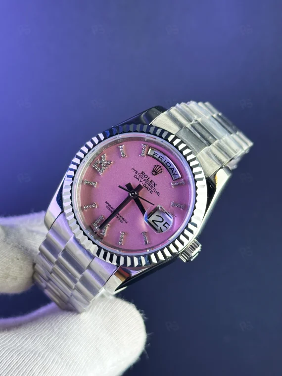 Rolex Day‑Date 36mm pembe kadran kadın otomatik saat replika
