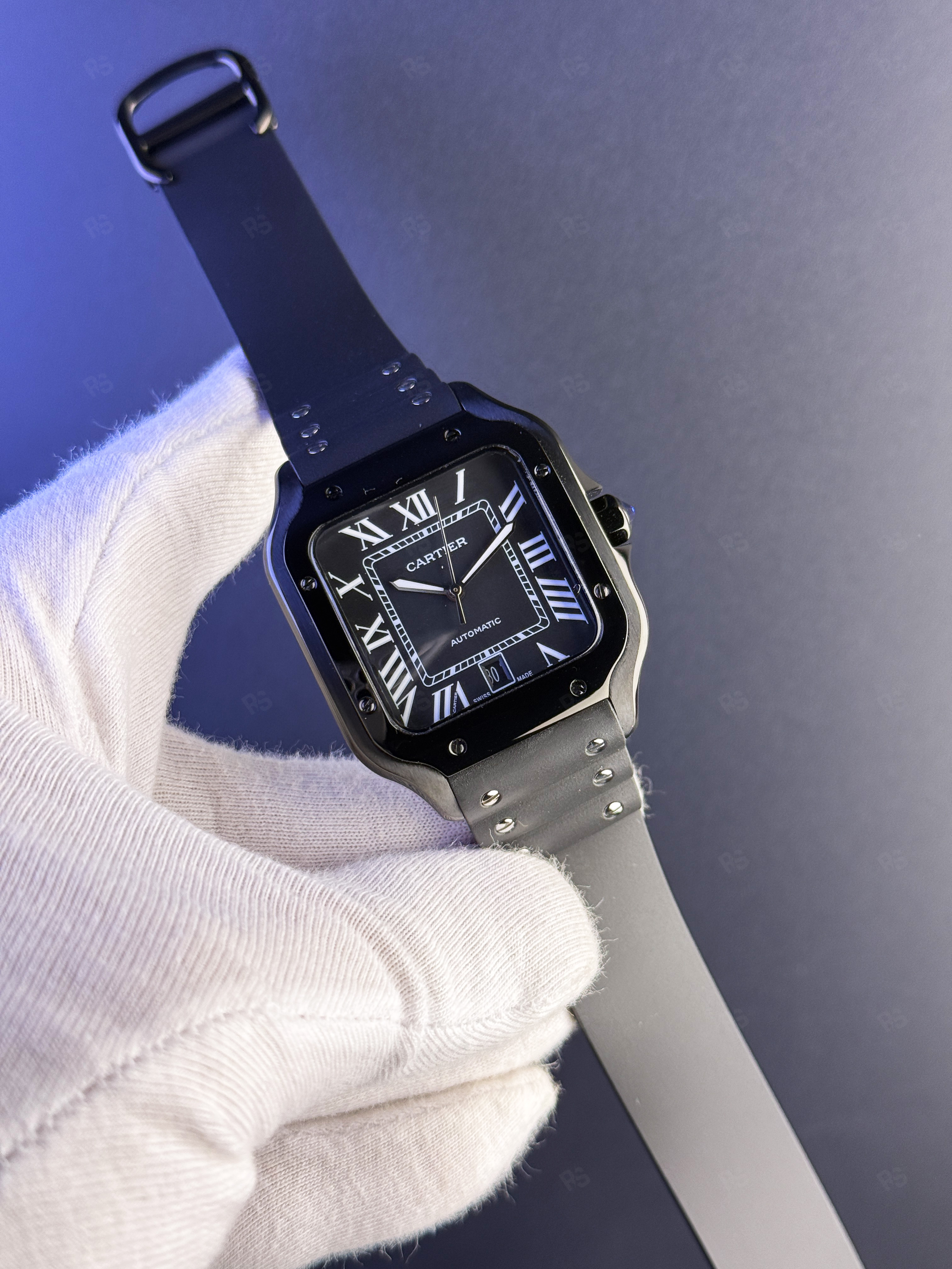 Cartier Santos de Cartier Erkek Saati 42mm Siyah Kadran – Yüksek Kaliteli Replika, 316L Çelik-Siyah Kordon (3)