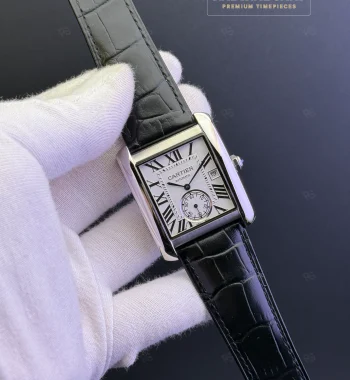 Cartier Tank MC Gümüş Kasa Beyaz Kadran Siyah Deri Kordon Otomatik Erkek Saati