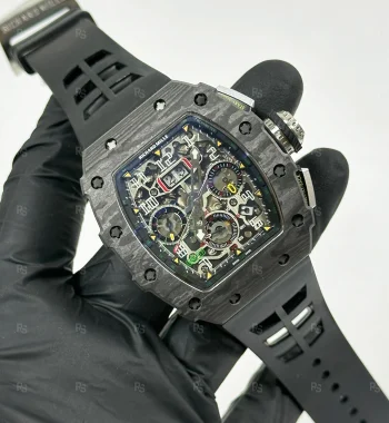 Richard Mille RM11-03 Erkek Saati 45mm Siyah Karbon Desenli Kasa | Siyah Silikon Kordon