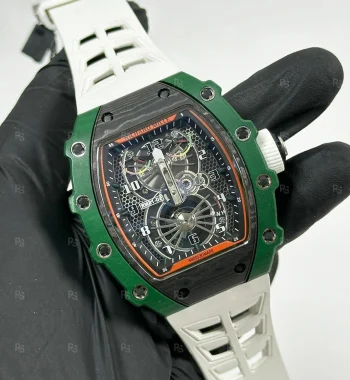 Richard Mille RM21-02 Erkek Saati 45mm Yeşil Kasa Siyah Karbon Desenli Taban | İskelet Kadran