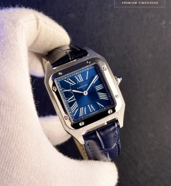 Cartier Santos Çelik Kasa Mavi Kadran Deri Kordon Otomatik Erkek Saati