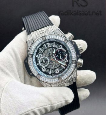 Hublot Big Bang Silver Taşlı İskelet Kadran Siyah Kordon Quartz Erkek Saati