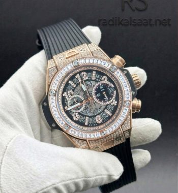 Hublot Big Bang Rose Gold Taşlı İskelet Kadran Siyah Kordon Quartz Erkek Saati