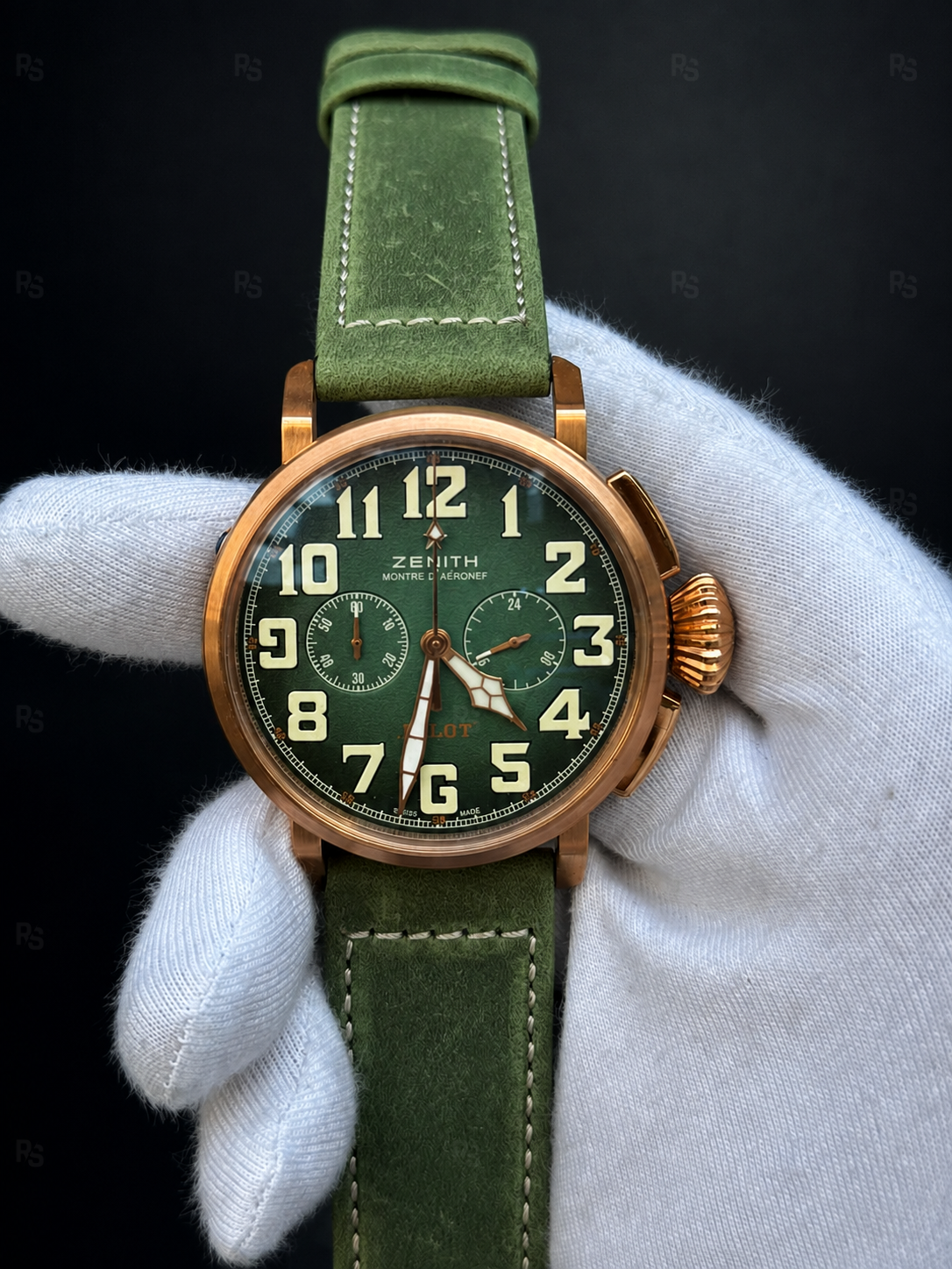 Zenith-Pilot-Type-20-45mm-Kronograf-Erkek Saati-Yeşil-Kadran-repliklasaat-repllika-saat-radikallsaat-rose-kasa